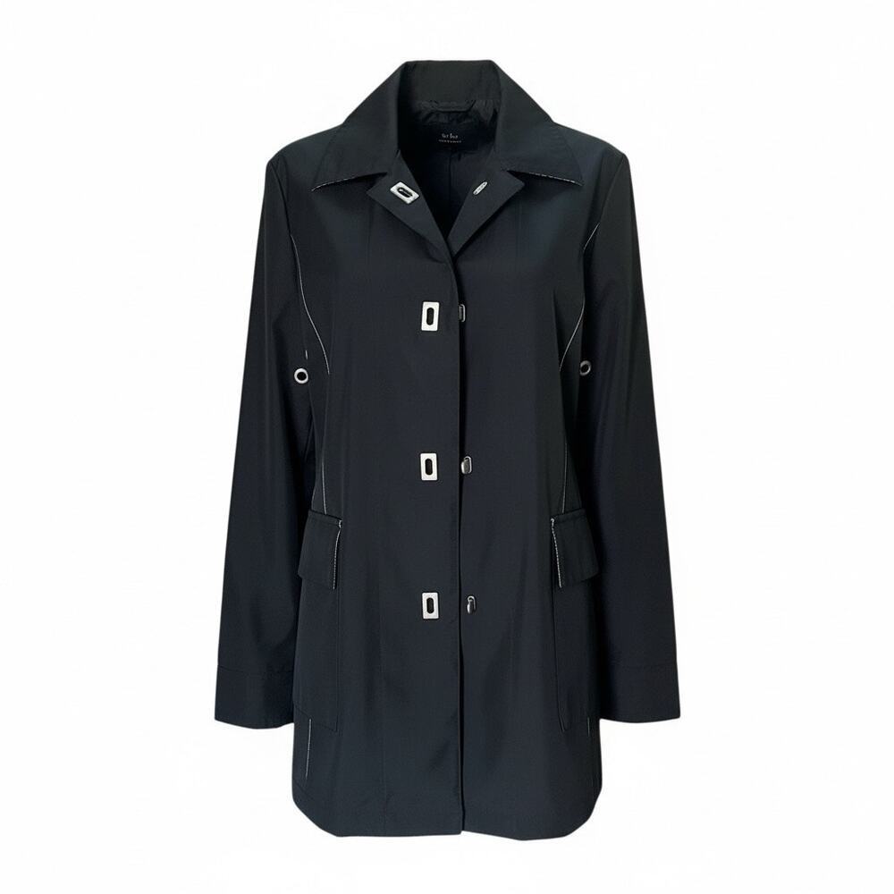 Platinum Black classic coat Women’s Sz M Mid-Length Pockets grommets accents